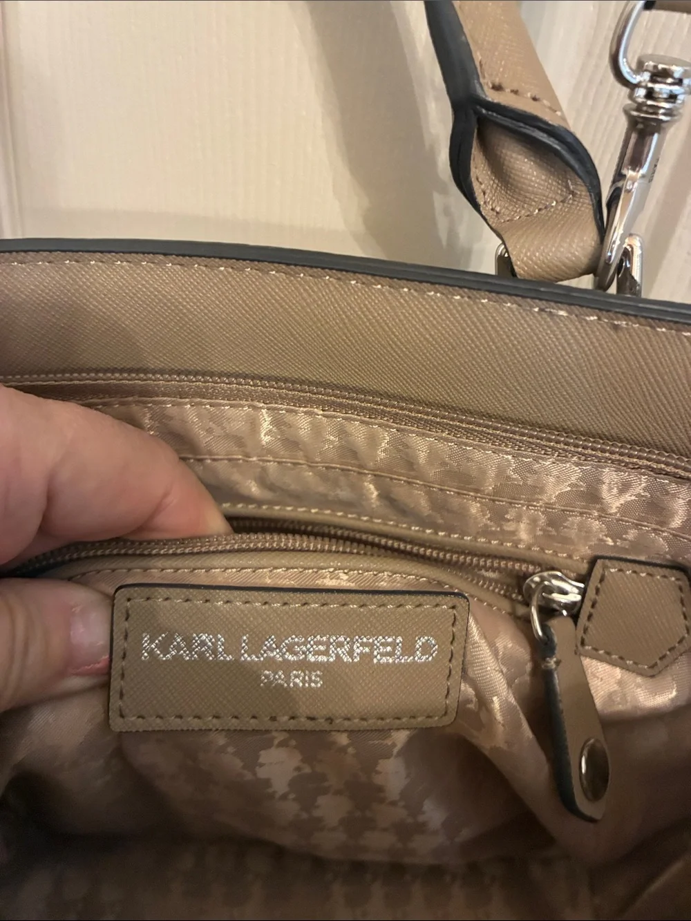 Karl Lagerfeld Taupe Saffiano Leather Satchel with Detachable Strap